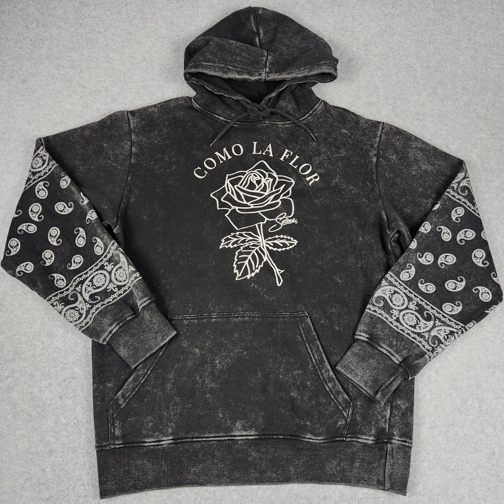 Selena Hoodie Mens L Black Como La Flor Rose Paisley‎ Sleeve Acid Wash Pullover